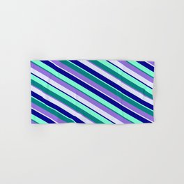 [ Thumbnail: Eye-catching Teal, Purple, Lavender, Dark Blue, and Aquamarine Colored Pattern of Stripes Hand & Bath Towel ]