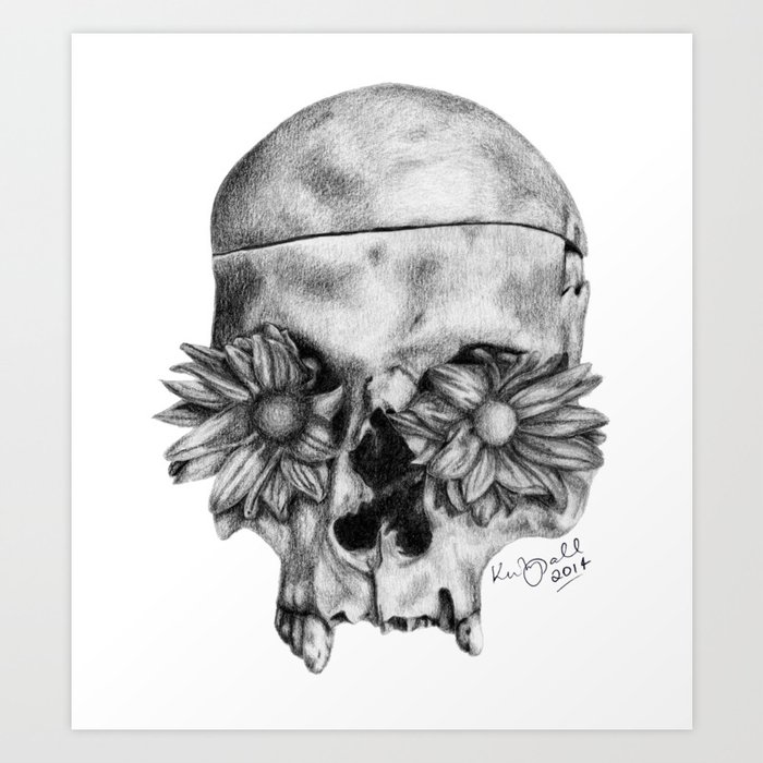 Skull and Flowers Drawing Art Print