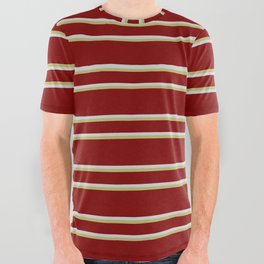 [ Thumbnail: Maroon, Light Grey & Dark Khaki Colored Lined/Striped Pattern All Over Graphic Tee ]