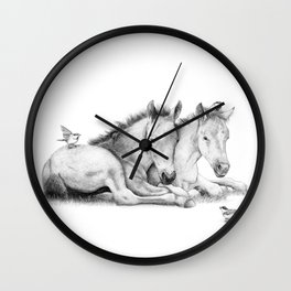 Twin Foals Wall Clock | Birds, Black And White, Foal, Chalk Charcoal, Pencil, Horse, Animal, Cute, Nature, Digital 