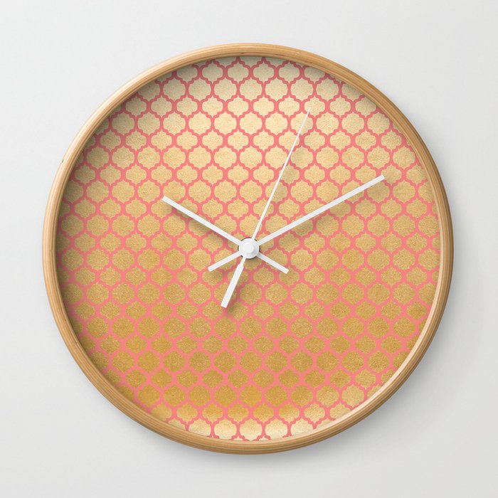 Elegant Pink Coral Faux Gold Glitter Vintage Quatrefoil Wall Clock