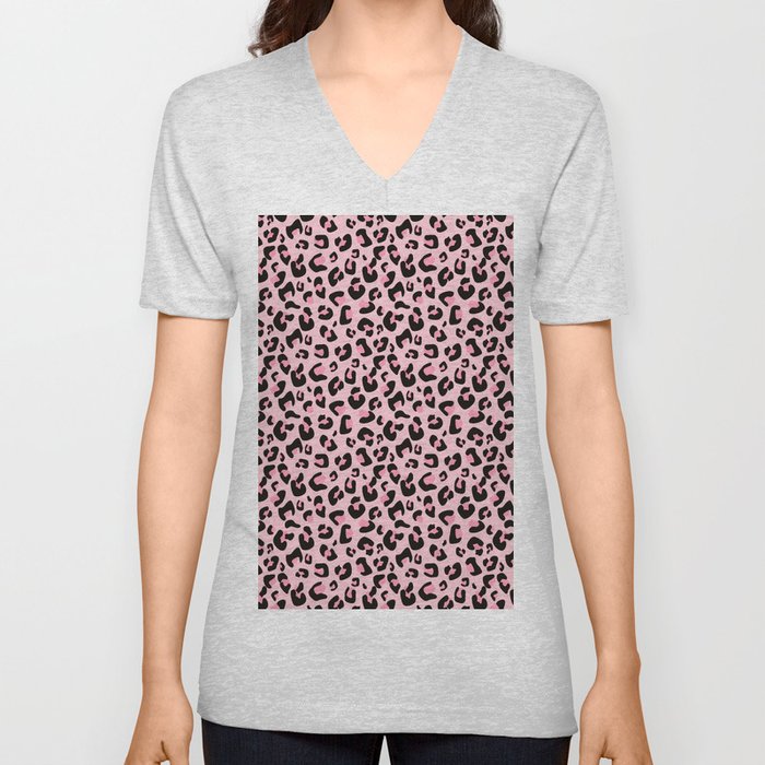 Pink Leopard Print V Neck T Shirt