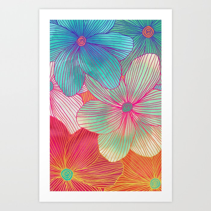 Between the Lines - tropical flowers in pink, orange, blue & mint Art Print