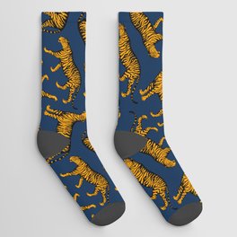 Tigers (Navy Blue and Marigold) Socks | Feline, Vibrant, Animal, Curated, Navy, Design, Marigold, Cats, Wildlife, Hand Drawn 