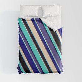 [ Thumbnail: Eye-catching Dark Slate Blue, Bisque, Turquoise, Blue, and Black Colored Lined/Striped Pattern Duvet Cover ]