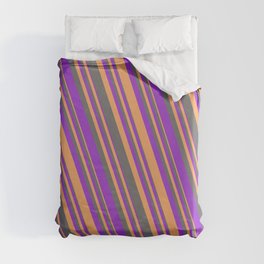 [ Thumbnail: Dim Gray, Dark Orchid & Brown Colored Lines/Stripes Pattern Duvet Cover ]