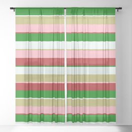 [ Thumbnail: Colorful Dark Khaki, Light Pink, Red, Green, and Mint Cream Colored Lines/Stripes Pattern Sheer Curtain ]
