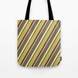 [ Thumbnail: Dim Grey, Brown, Dark Khaki, and Tan Colored Lined/Striped Pattern Tote Bag ]