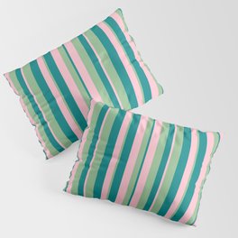 [ Thumbnail: Dark Sea Green, Pink & Teal Colored Lined/Striped Pattern Pillow Sham ]