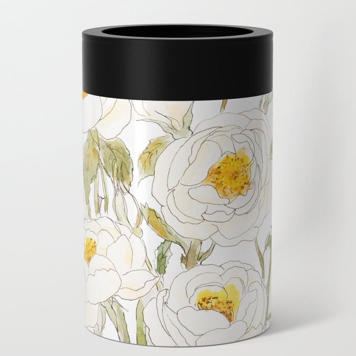 white rose bouquet  watercolor and ink  Can Cooler