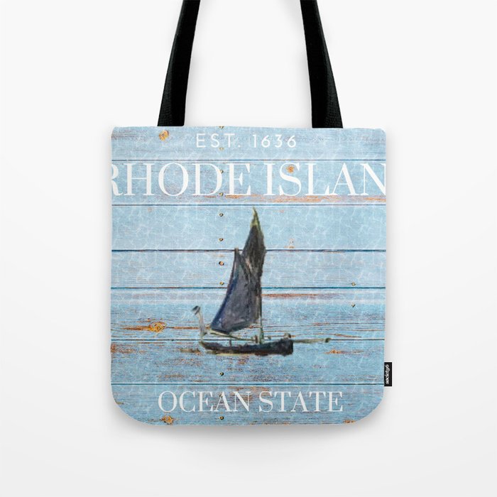 Ocean State - Rhode Island beach driftwood sailing / sailboat with disks of water reflection portrait painting art Tote Bag