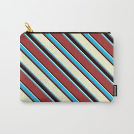 [ Thumbnail: Light Yellow, Deep Sky Blue, Brown & Black Colored Lines/Stripes Pattern Carry-All Pouch ]