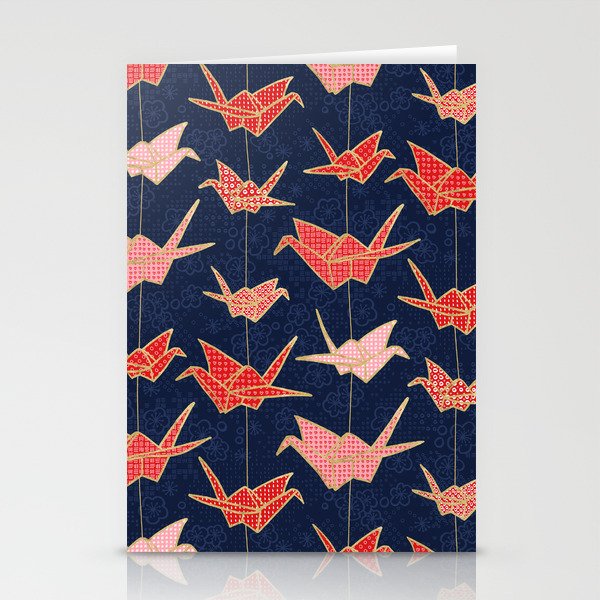 Red origami cranes on navy blue Stationery Cards