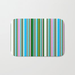 [ Thumbnail: Green, Plum, Dark Green, White & Deep Sky Blue Colored Stripes Pattern Bath Mat ]