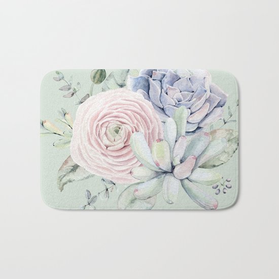 Mint Green + Pink Delight Succulents Bath Mat