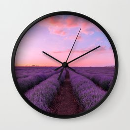 Infinite Field of Purple Flowers with Clear Skies Wall Clock