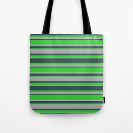 [ Thumbnail: Dark Slate Gray, Lime Green & Dark Gray Colored Stripes Pattern Tote Bag ]