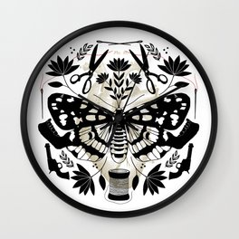 Sew Over It White background / Moth, Needle, Tread, Scissors, Bone, Gun, folk art flowers Wall Clock