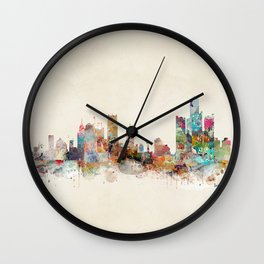 detroit michigan skyline Wall Clock | Painting, Watercolor, Detroitcityskyline, Curated, Popart, Colorfulcityscapes, Acrylic, Urban, Landscapes, Skylines 