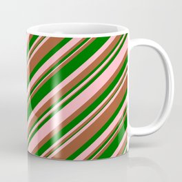 [ Thumbnail: Light Pink, Sienna, and Dark Green Colored Stripes Pattern Coffee Mug ]