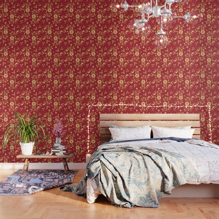 Floral Red Gold Stars Christmas Party Metallic Wallpaper By Nguyen