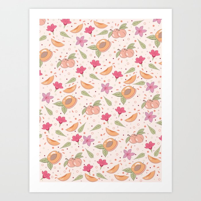 Peaches , Flowers and Leaves Print Art Print