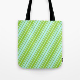 [ Thumbnail: Turquoise and Green Colored Lined Pattern Tote Bag ]