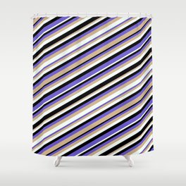 [ Thumbnail: Black, Slate Blue, Tan, and Mint Cream Colored Stripes Pattern Shower Curtain ]