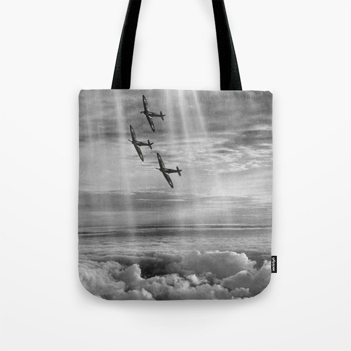 WWII Airforce flying aces flying in formation through columns, rays of sun flight pilot military black and white vintage photograph - photography - photographs Tote Bag