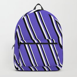 [ Thumbnail: White, Black & Slate Blue Colored Stripes Pattern Backpack ]