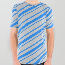[ Thumbnail: Light Gray & Blue Colored Lined Pattern All Over Graphic Tee ]