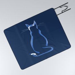 Sitting Cat from behind in Blue "Cat Drawings" Picnic Blanket