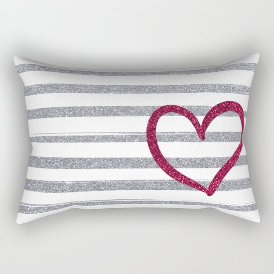 Red Heart on Shiny Silver Stripes Rectangular Pillow