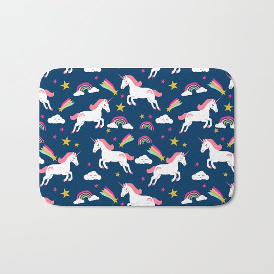 Unicorns happy clouds rainbows magical pony pattern navy pastels Bath Mat