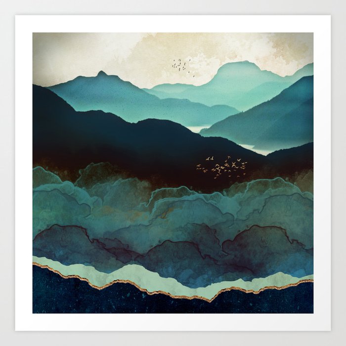 Indigo Mountains Kunstdrucke | Graphic-design, Digital, Aquarell, Berge, Indigo, Birds, Natur, Landscape, Abstrakt, Aqua
