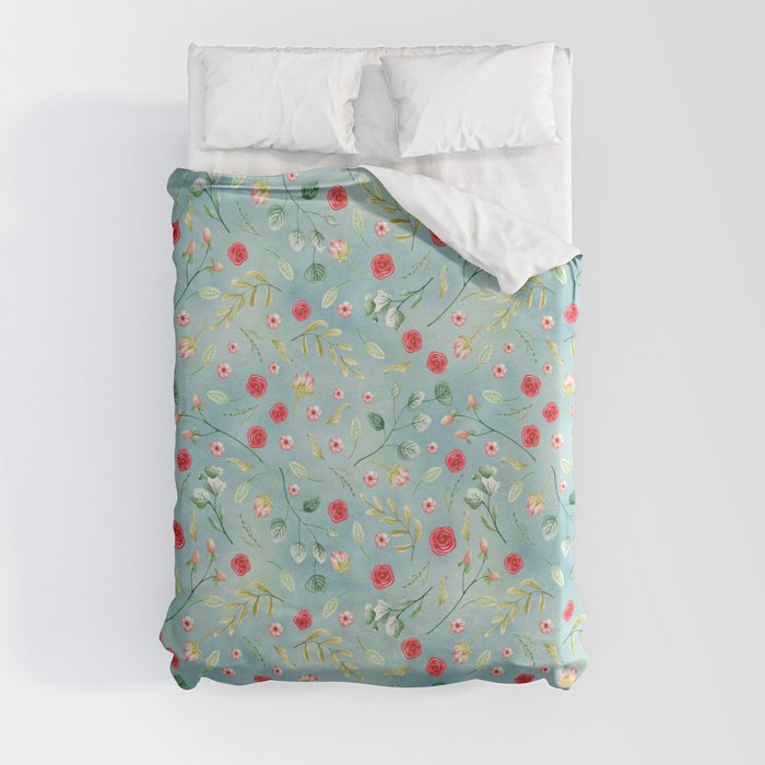Aqua blue teal watercolor washed botanical red blooms pattern Duvet Cover