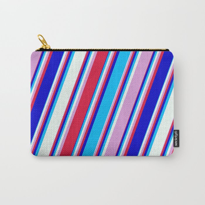 Colorful Plum, Crimson, Blue, Deep Sky Blue, and Mint Cream Colored Lined/Striped Pattern Carry-All Pouch