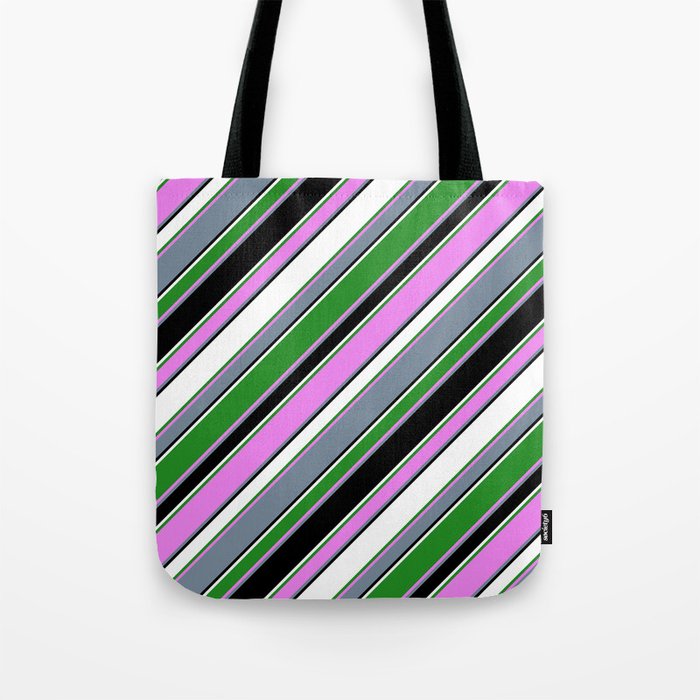 Eye-catching Forest Green, Violet, Light Slate Gray, Black & White Colored Striped/Lined Pattern Tote Bag