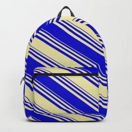 [ Thumbnail: Pale Goldenrod & Blue Colored Stripes Pattern Backpack ]