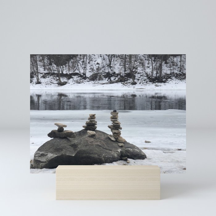 Stack of rocks on a river in winter, Minneapolis photography series, no. 2 Mini Art Print