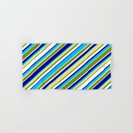[ Thumbnail: Colorful Blue, Deep Sky Blue, Tan, Green & White Colored Lined Pattern Hand & Bath Towel ]