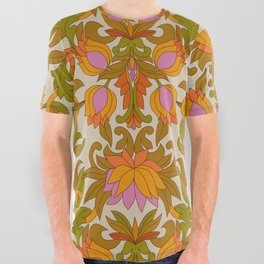 Orange, Pink Flowers and Green Leaves 1960s Retro Vintage Pattern All Over Graphic Tee