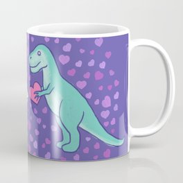 Cute Dinosaurs in Love, T-Rex is Giving a Heart to a Stegosaurus, Berry Blue, Green, Mint Colors, Dinosaur Illustration and Pattern Coffee Mug