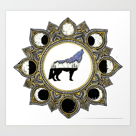 Double Exposure Wolf Howling at the Moon Mandala Art Print