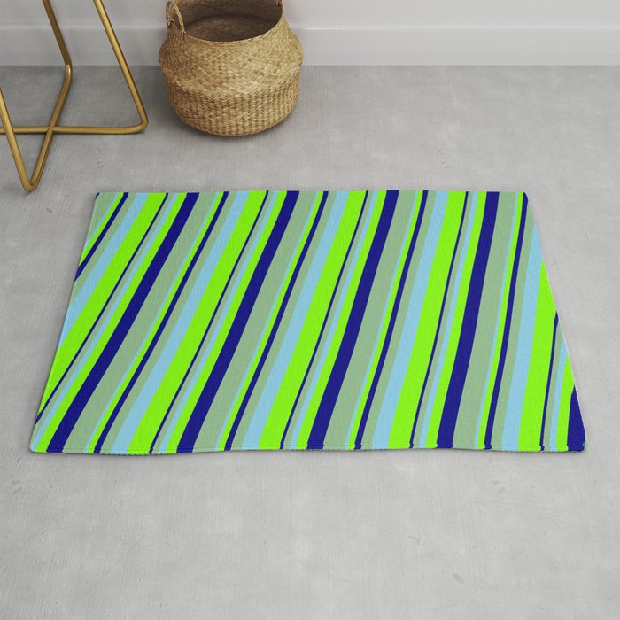 Sky Blue, Chartreuse, Blue & Dark Sea Green Colored Lines Pattern Rug