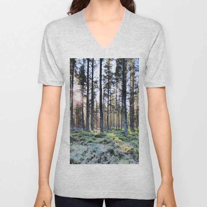 Scottish Pine Forest with Sun in I Art  V Neck T Shirt