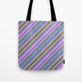 [ Thumbnail: Green, Cornflower Blue & Violet Colored Striped Pattern Tote Bag ]