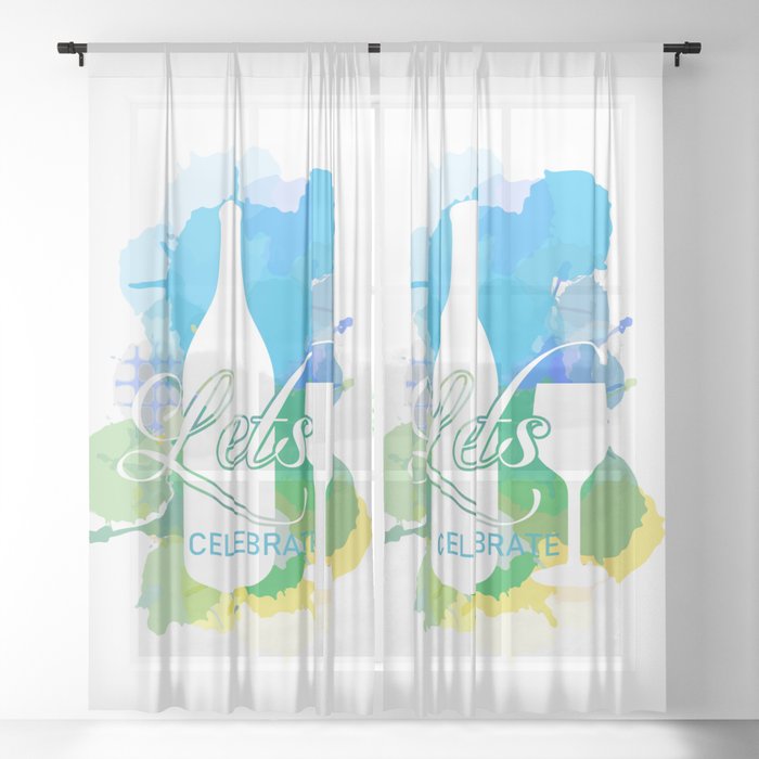 Happy New year celebration with champagne bottle and glass watercolor splash in cool color scheme	 Sheer Curtain