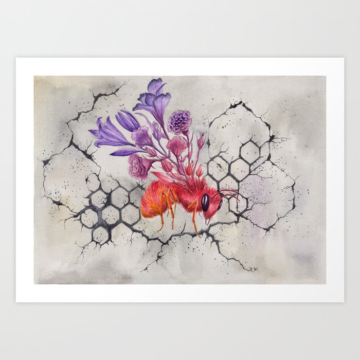 Save the Bees, Bee on Concrete  Watercolor Painting on Paper Art