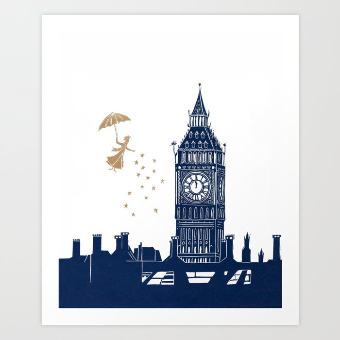 Mary Poppins and Big Ben linocut Art Print